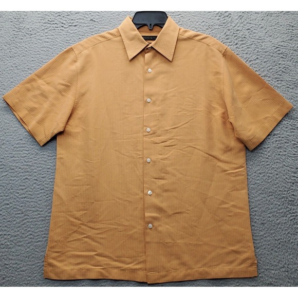 Axist Shirt Mens Medium Orange Stripe Silk Touch Short Sleeve Collar Button Down - Picture 1 of 6